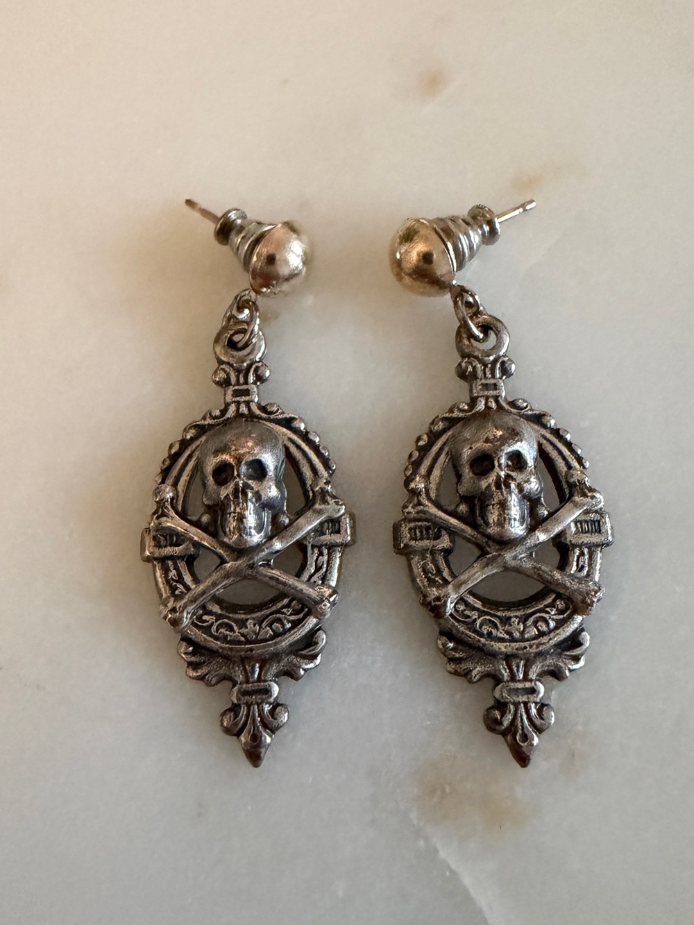 Gothic Skull & Crossbones Silver Tone Drop Earrings